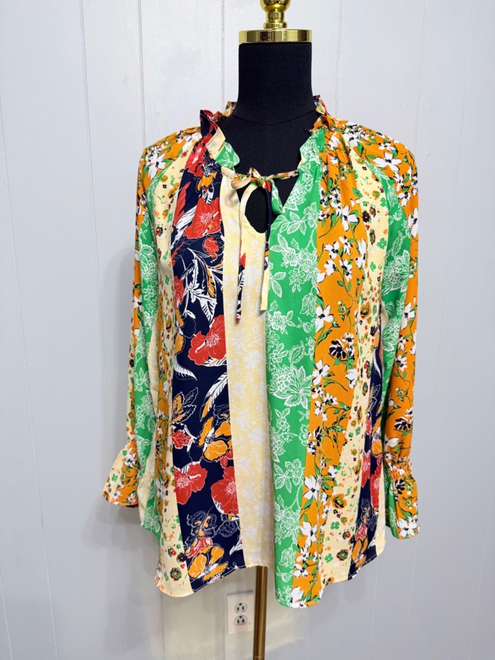 #16)  Eclair Floral Patchwork Tie-Neck Blouse - Green, Orange, Navy, Cream